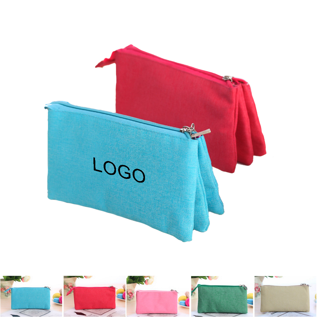 Canvas Zippered 3 Compartments Pencil Bag